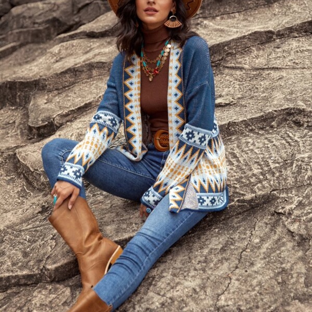 Blue Mustard Tribal Print Open Front Cardigan - Picture 3 of 6